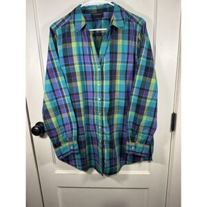 Women's Foxcroft Long Sleev Button Down Shirt, Vibrant Plaid Pattern, Size 16